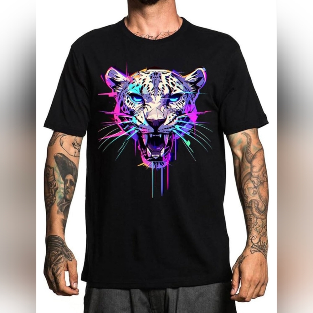 Neon Snow Leopard Skull Men's Large Cotton Graphic Tee Cool Short Sleeve Shirt